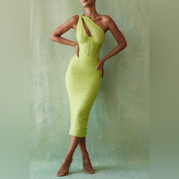 House of CB Green One Shoulder Valentina Lime Asymmetric Cut Out Midi Dress XS - Picture 1 of 11